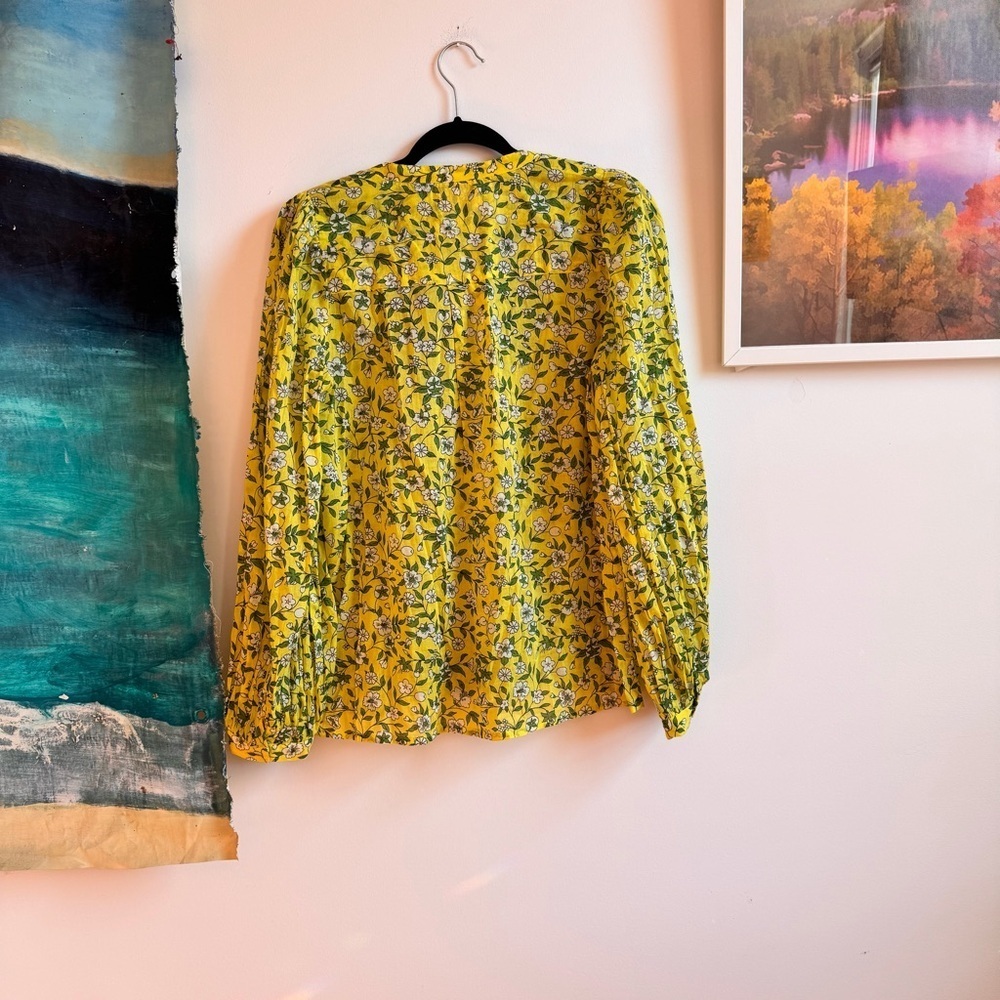 Banjanan Yellow Floral Print Crew Neck Ruffle Blouse Large - Picture 2 of 5
